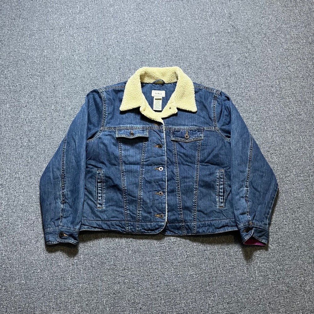 Vintage LL Bean Denim Jacket XL Blue Sherpa Lined Trucker Coat Y2K